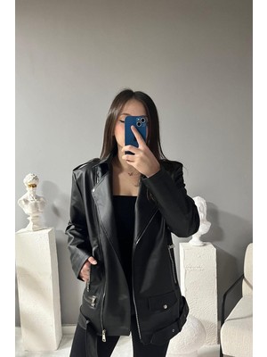 Prifaldi Yeni Sezon Oversize Uzun Kadın Siyah Deri Ceket