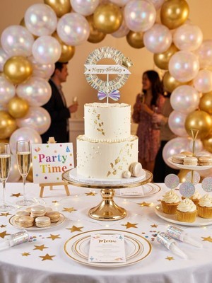 Party Time Işıltılı Hologram Saçaklı ve Taçlı "happy Birthday" Pasta Süsü