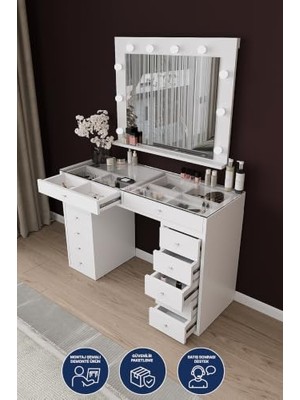 Orevio DF02115B LED Işıklı Aynalı Makyaj Masası Tabureli, Bölmeli 12 Çekmeceli Organizer Kozmetik Masası