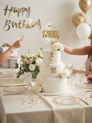 Party Time Lüks Beyaz Tüylü ve Gliter Detaylı Gold Çember "happy Birthday" Pasta Süsü (Cake Topper)