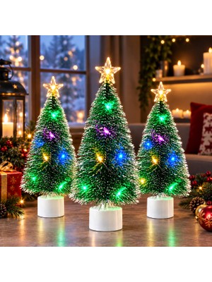 Kuzey Oyuncak 3 Adet Mini Renkli LED Işıklı Yılbaşı Çam Ağacı Işıklı Noel Ağacı Işıklı Kirpi Yılbaşı Ağacı 18 cm