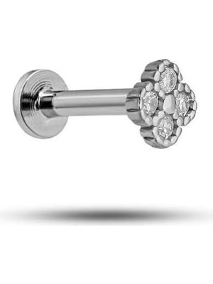 Orevio 925 Ayar Rodyumlu Gümüş Yonca Tragus Piercing Küpe, Zirkon Taşlı