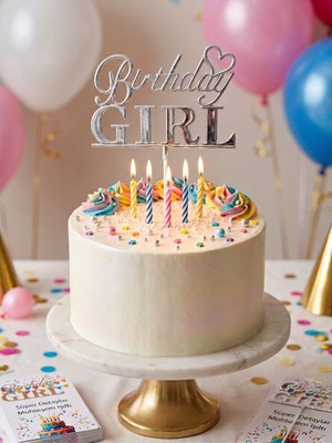 Partyora Parlak Gümüş Birthday Girl Yazılı Pasta Üstü Süsü