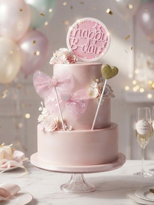 Partyora Happy B-Day Parıltılı 3'lü Pembe Pasta Süsü Seti