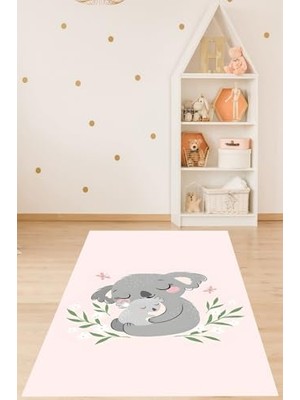 Orevio Pelangi Koala ve Yavru Koala Hayvan Desenli Yıkanabilir Kaymayı Önleyici Taban Leke Tutmaz Çocuk Odası Halısı; Pembe-Gri 180 x 300,9076420233180300