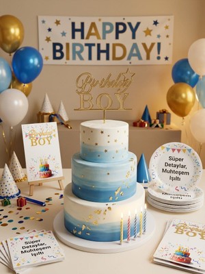 Partyora Parlak Gold Birthday Boy Yazılı Pasta Üstü Süsü