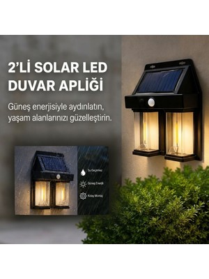Go İthalat 2'li Solar Güneş Enerjili LED Duvar Apliği, Hareket Sensörlü, Şarjlı, Kablosuz Dış Mekân Bahçe ve Kapı Lambası (784)