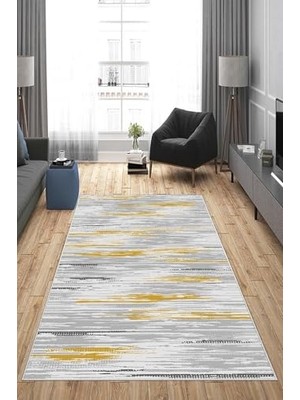 Orevio Gri Desenli Hardal Detaylı Yıkanabilir Kaymaz Taban Leke Tutmaz Modern Salon Halısı ve Yolluk, Sarı-Gri 60 x 120,13581986012005