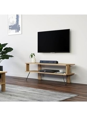 Prime Duama Tv Sehpası – Metal Ayaklı, Açık Raflı Tasarım, 120 Cm, Antik Ceviz