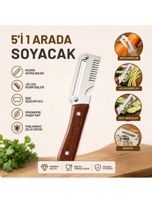Burada Bulabilirsin 5'i 1 Arada Çok Fonksiyonlu Sebze ve Patates Soyucu, Paslanmaz Çelik Bıçaklı, Ahşap Saplı Mutfak Jülyen Soyacak, Şişe Açacağı BX40