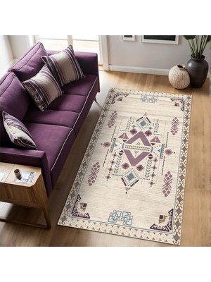 Plum Kadife Kaymaz Pamuk Tabanlı Yıkanabilir Antibakteriyel Salon Halısı (100X150, Kilim Desenli)