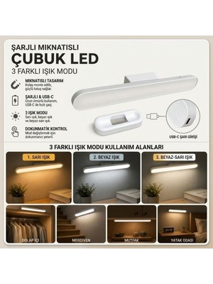 Go İthalat Şarjlı Manyetik LED Çubuk Lamba, Dokunmatik, 3 Modlu, Kablosuz Mutfak Dolap Altı ve Dekoratif Ay