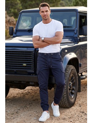 Deepsea Erkek Slim Fit Likralı Lacivert Kargo Jogger Pantolon – İpli Bel Lastikli Paça 1601569