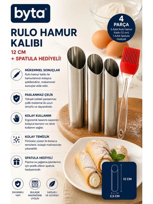 4 Parça Paslanmaz Çelik Rulo Hamur Kalıbı Seti 12 cm 3'lü Külah Tatlı Kalıbı + Silikon Spatula Hediyeli