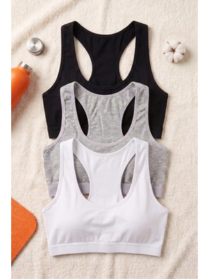 Underwear Bodyway Pamuklu Sporcu Sütyeni 3'lü Paket Çıkarılabilir Pedli Balensiz Rahat Yüzücü Model Siyah Beyaz Gri