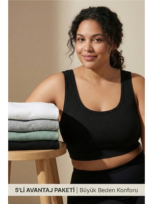 Underwear Bodyway Büyük Beden 5'li Paket Fitilli Pamuklu Kalın Askılı Rahat Büstiyer Yarım Atlet Sütyen