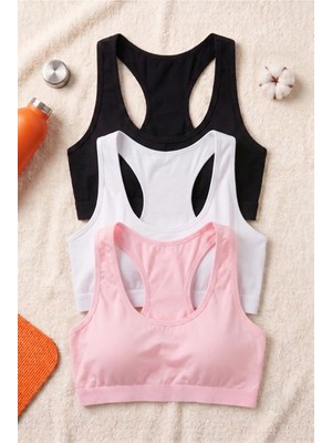 Underwear Bodyway 3'lü Paket Pamuklu Spor Sütyeni - Çıkarılabilir Pedli Yüzücü Sırt Günlük Büstiyer Seti (Siyah, Beyaz, Pembe)