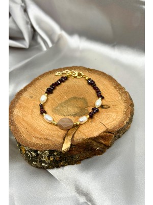 Suerte Accessories Özel Tasarım Güneş Taşı Uçlu Lal Taşı (Granat) ve Mayorka Inci El Yapımı Doğaltaş Bileklik
