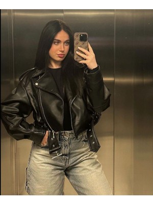 Prifaldi Oversize Bomber Fermuarlı Çift Cepli Ribanalı Siyah Deri Ceket