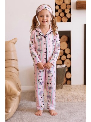 FullaModa Happy Desenli Düğmeli Uyku Bantlı Kız Çocuk 3 Lü Pijama Takımı