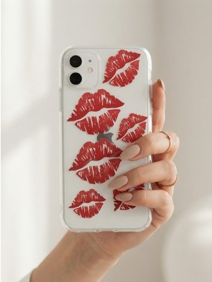 Northcity iPhone 11 Kırmızı Dudak / Öpücük Desenli Şeffaf Telefon Kılıfı