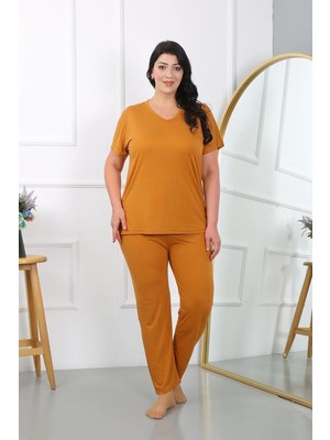 Beruflic Kadın Büyük Beden Kısa Kol Penye Pijama Takımı Hardal Under Moda