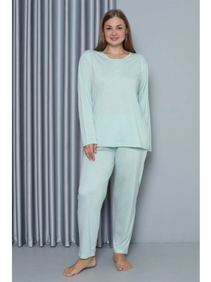Beruflic Kadın Büyük Beden Penye Uzun Kol Pijama Takım Su Yeşili Under Moda