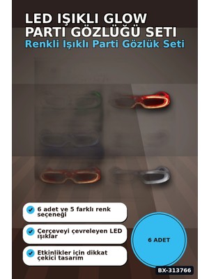 Eco Lounge 5 Renkli Pilli LED Işıklı Parti Gözlüğü 6 Adet Set - Glow Efektli Gece Aksesuarı BX-313766