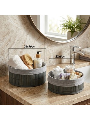 Eco Lounge Gri 2 Boy Yuvarlak Bambu Kenar Organizer Sepet Ahşap Altlık - Bezli ÇAP=22X24CM BX40
