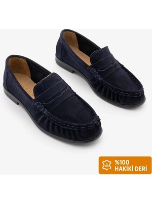 Marjin Kadın Hakiki Deri Oval Burun Makosen Dikişli Büzgülü Loafer Günlük Ayakkabı Lefora Lacivert Süet