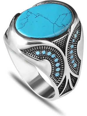 Mirari Jewelry Firuze Taşlı Oval Form Modern Erkek Yüzük | Premium 0,40 Mikron Gümüş Kaplama