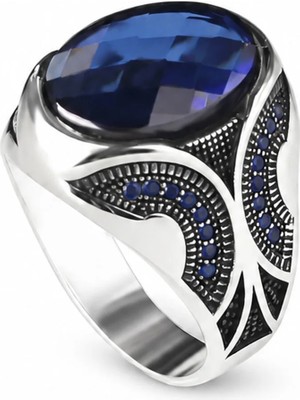 Mirari Jewelry Safir Renkli Zirkon Taşlı Oval Form Modern Erkek Yüzük | Premium 0,40 Mikron Gümüş Kaplama