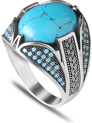 Mirari Jewelry Firuze Taşlı Örgü Motifli Erkek Yüzük | Premium 0,40 Mikron Gümüş Kaplama