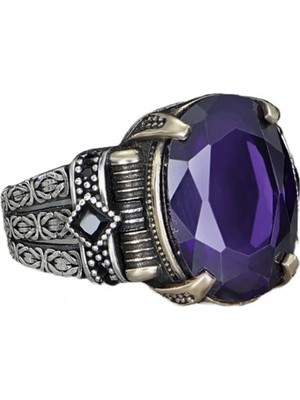 Mirari Jewelry Ametist Taşlı Zincir Detaylı Siyah Taşlı Erkek Yüzük | Premium 0,40 Mikron Gümüş Kaplama