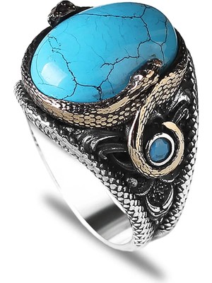 Mirari Jewelry Firuze Taşlı Yılan Motifli Işlemeli Erkek Yüzük | Premium 0,40 Mikron Gümüş Kaplama