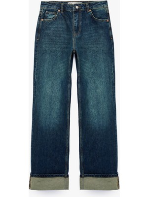 Koton Pamuklu Normal Bel Cepli Uzun Düz Katlı Paça Denim Pantolon - Straight Fit Jean