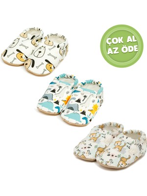 Ella Bonna Kaydırmaz Taban ,bebek Patik, Ev Botu Terliği Kreş Ayakkabısı Köpek,dinozor,kedi 3'lü Paket