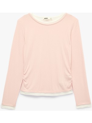 Koton Slim Fit Viskon Kumaş Büzgülü Katmanlı Bisiklet Yaka Uzun Kollu Kaşkorse Tişört