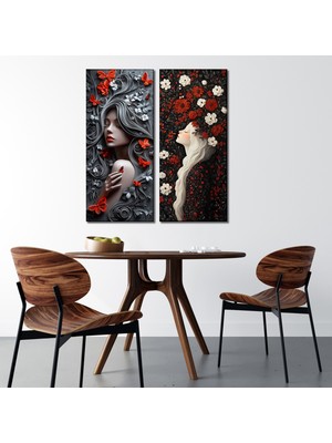 Tilki Dünyası 2'li Estetik Kadın Portresi, Kelebek ve Çiçek Temalı Kanvas Tablo Seti - Modern Duvar Dekoru (30X70 cm x 2 Parça)