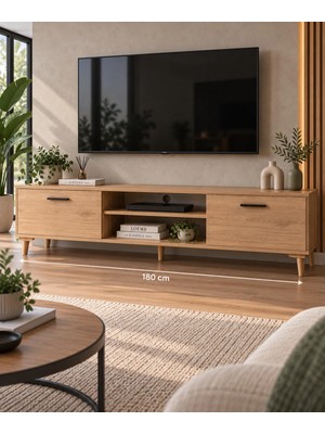 Loyanni SCV180 Tv Ünitesi - Sepet Ceviz Renk- Raflı 180CM - Ahşap Görünümlü Ayaklı
