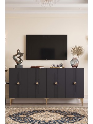 Yumedi Design KA1843AG - Uygun Konsol, Tv Sehpası, Çok Amaçlı Dolap ve Kahve Köşesi 180CM Antrasit-Gold