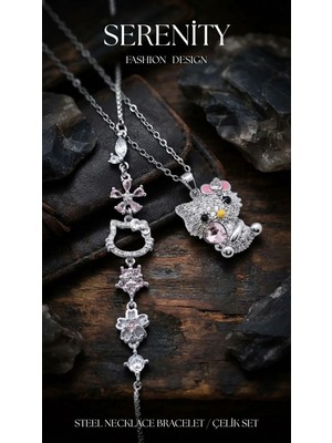 Serenity Hello Kity Figür Çelik Kolye Bileklik Set