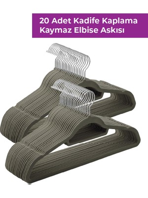 Bakasana 20'li Paket Kadife Askı Takım Elbise Askısı, Kaymaz Yüzeyli, 360 Derece Dönen Kanca Kaymaz