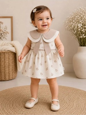 Ferasty İstanbul Kız Bebek Elbise Çıtır Çiçekli Bebe Yaka — Bej