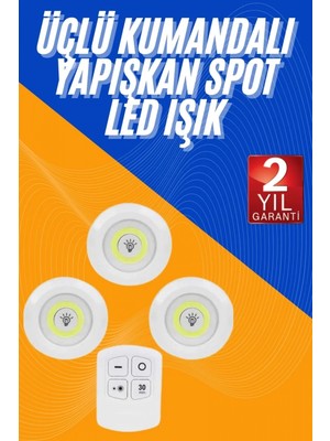 Pileli Store Dolap Işığı Mutfak Rafı Işığı Uzaktan Kumandalı 3 Lü Spot LED Lamba