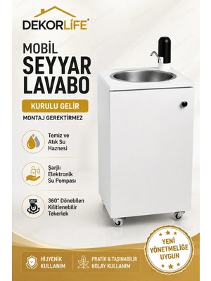 DekorLife Yeni Yönetmeliğe Uygun Seyyar Mobil Lavabo Paslanmaz Evyeli 10 L Çift Hazneli Şarjlı Musluklu Tekerlekli Lavabo