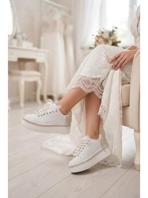 Elara Kadın Beyaz Özel Tasarım Taşlı Gelinlik Abiye Spor Ayakkabı Bride Terliği ve Inci Taç Hediyeli