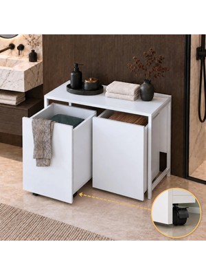 Rani Mobilya Rani KC128 Tekerlekli Kirli Çamaşır Dolabı 2 Bölmeli Banyo Dolabı Beyaz