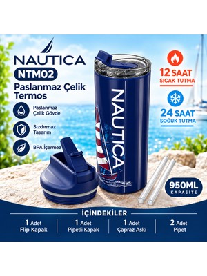 Nautica NTM02 Paslanmaz Çelik Termos 12 Saat Sıcak 24 Saat Soğuk Pipetli Askılı Sızdırmaz 950ml Lacivert