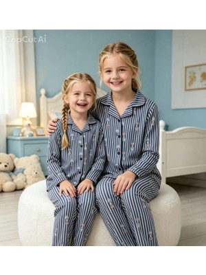 NiCe İç Giyim Kız Çocuk Çizgili Teddy Bear Desen Pijama Takımı - Rahat Kesim, Uzun Kollu, Şık ve Konforlu Yumuşak Ev Giyimi